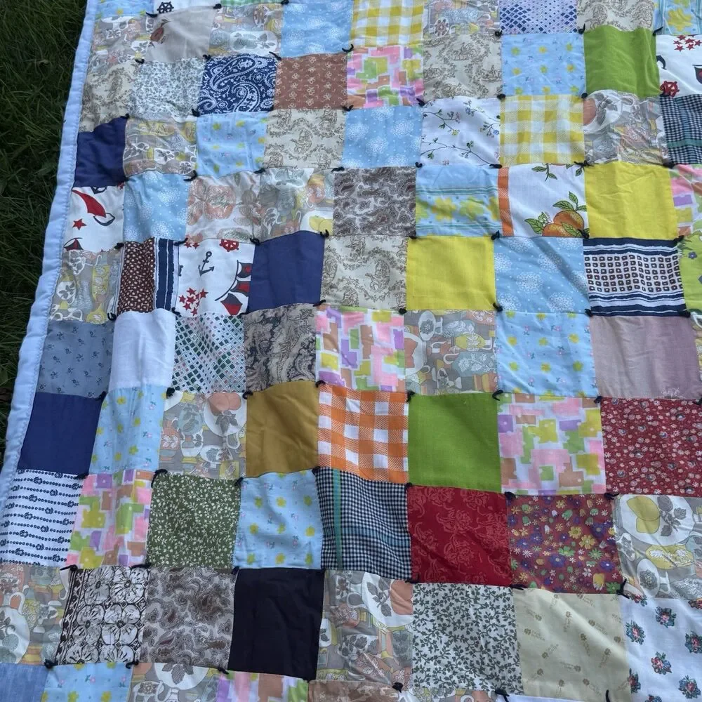Vintage Handmade Patchwork Tied Quilt Blanket Multicolor 84x70 Throw Floral Blue
